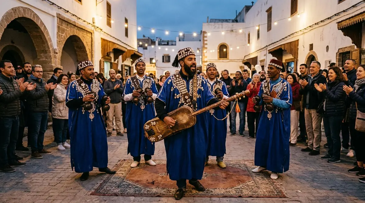 Gnaoua musicians with guembri and castanets performing in an Essaouira square at dusk