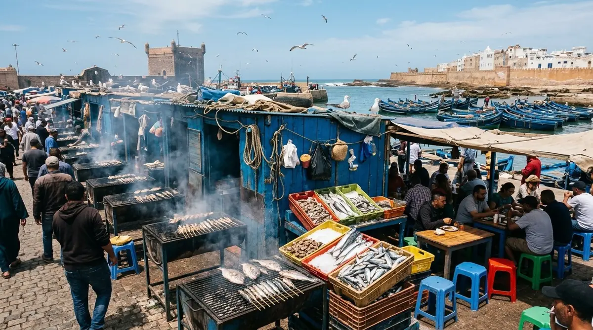 Fish grill stalls at Essaouira port — sardines on charcoal beside the blue boats