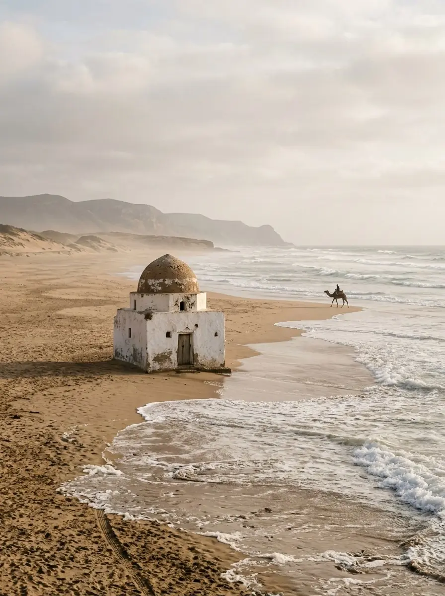The white marabout shrine on Sidi Kaouki beach south of Essaouira
