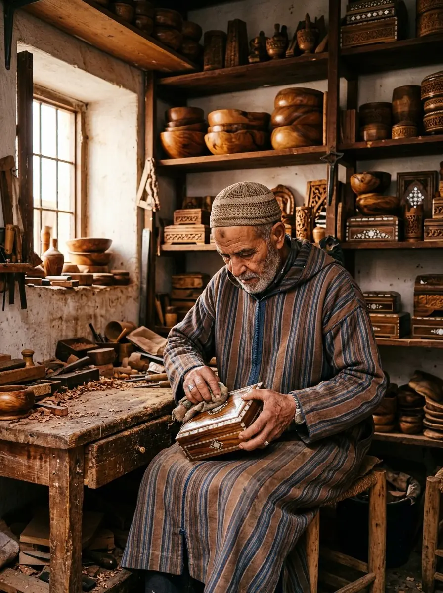 Thuya wood craftsman polishing an inlaid box in his Essaouira medina workshop